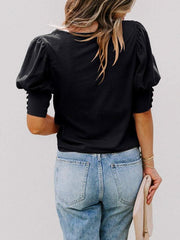 round neck solid color button loose top T-shirt shirt - 808Lush