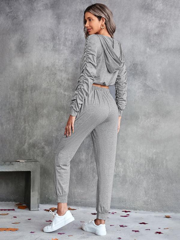 solid color casual pleated hooded long-sleeved suit - 808Lush
