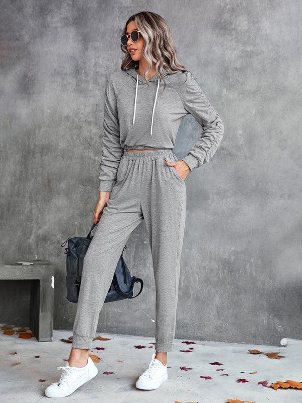 solid color casual pleated hooded long-sleeved suit - 808Lush