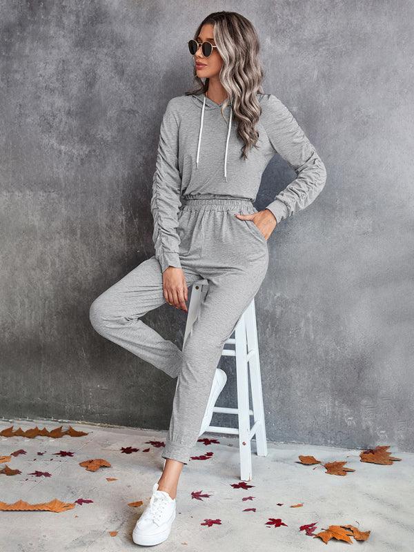solid color casual pleated hooded long-sleeved suit - 808Lush