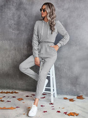 solid color casual pleated hooded long-sleeved suit - 808Lush