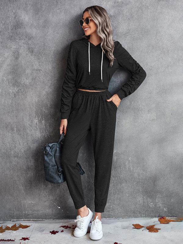 solid color casual pleated hooded long-sleeved suit - 808Lush