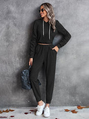 solid color casual pleated hooded long-sleeved suit - 808Lush