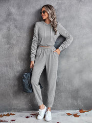 solid color casual pleated hooded long-sleeved suit - 808Lush