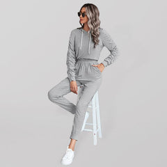 solid color casual pleated hooded long-sleeved suit - 808Lush