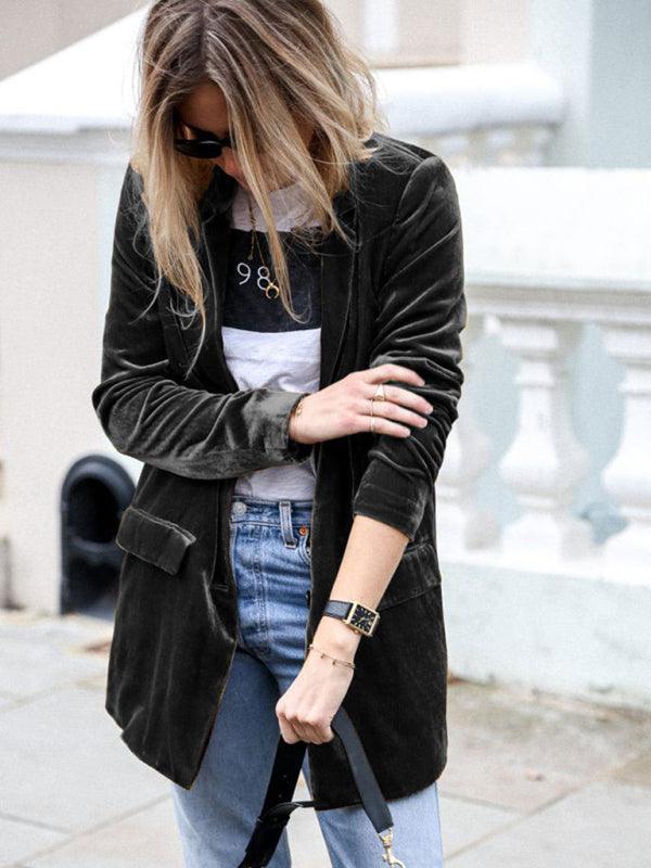 solid color casual suit cardigan mid-length jacket - 808Lush