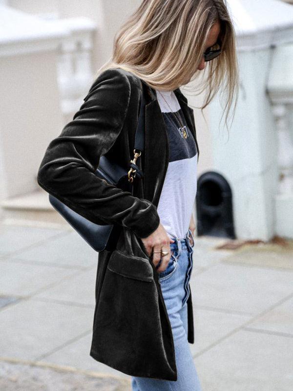 solid color casual suit cardigan mid-length jacket - 808Lush