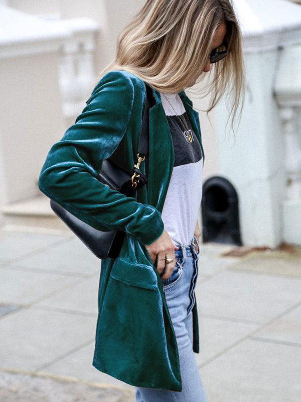 solid color casual suit cardigan mid-length jacket - 808Lush