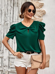 puff sleeve V-neck slim top - 808Lush