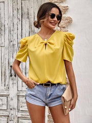 puff sleeve V-neck slim top - 808Lush