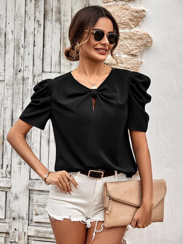 puff sleeve V-neck slim top - 808Lush