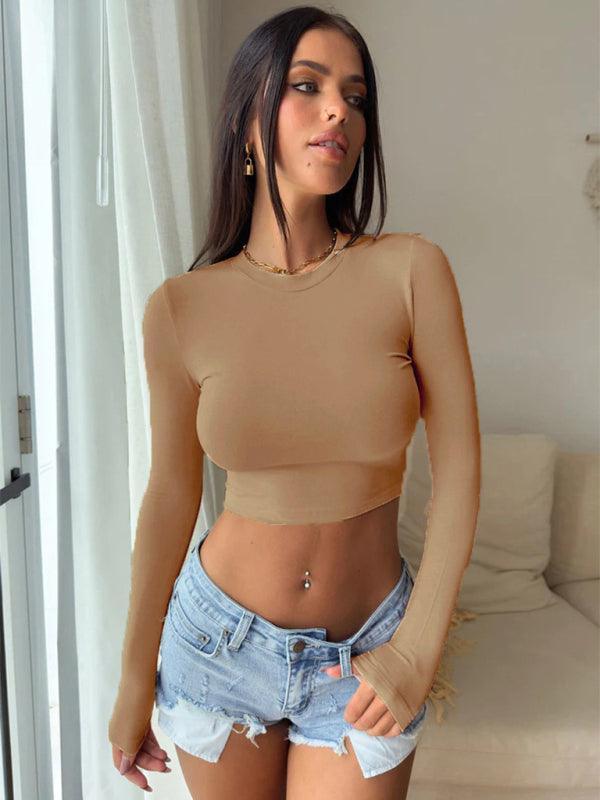 round neck slim fit inner midriff-baring long-sleeved - 808Lush