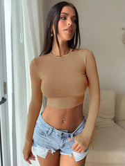 round neck slim fit inner midriff-baring long-sleeved - 808Lush