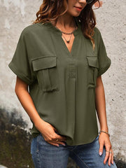 v-neck elegant commuter shirt with pockets - 808Lush