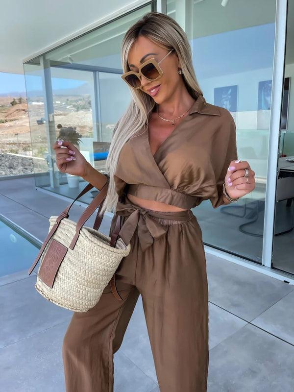 style comfortable and casual deep v waist tie straight pants suit - 808Lush