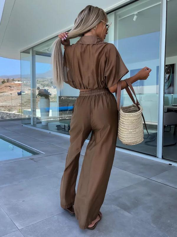 style comfortable and casual deep v waist tie straight pants suit - 808Lush