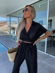 style comfortable and casual deep v waist tie straight pants suit - 808Lush