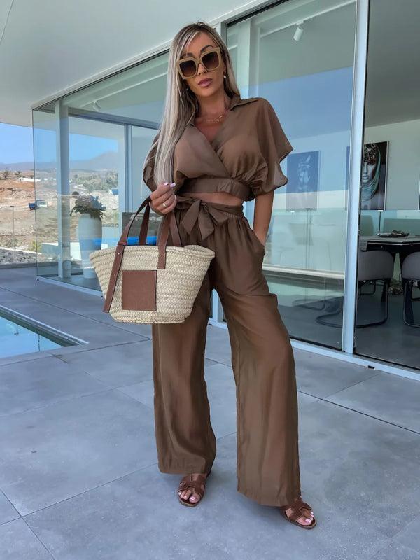 style comfortable and casual deep v waist tie straight pants suit - 808Lush