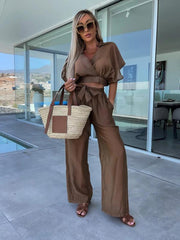 style comfortable and casual deep v waist tie straight pants suit - 808Lush