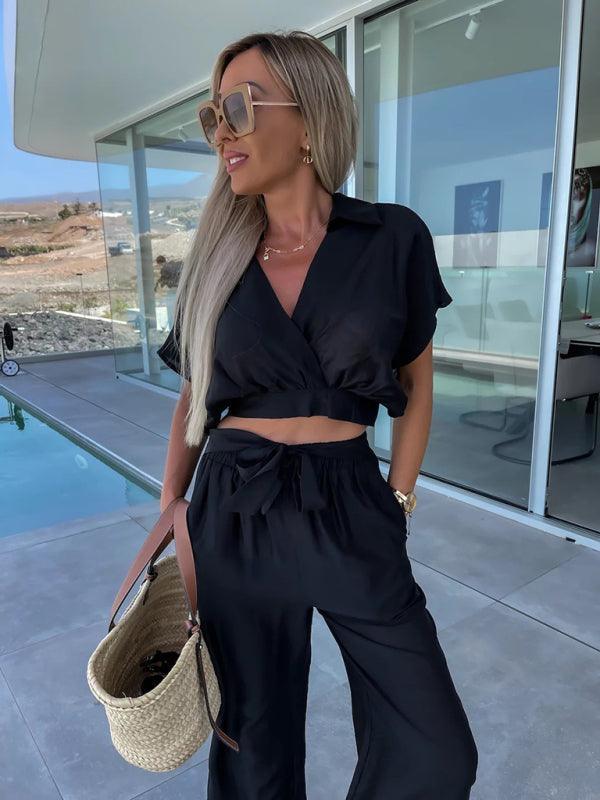 style comfortable and casual deep v waist tie straight pants suit - 808Lush
