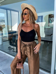 style comfortable and casual deep v waist tie straight pants suit - 808Lush