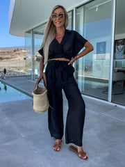 style comfortable and casual deep v waist tie straight pants suit - 808Lush