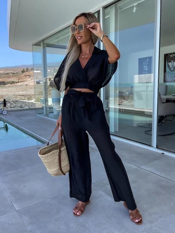 style comfortable and casual deep v waist tie straight pants suit - 808Lush