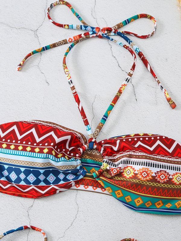halterneck lace-up adjustable briefs printed multi-color split bikini - 808Lush
