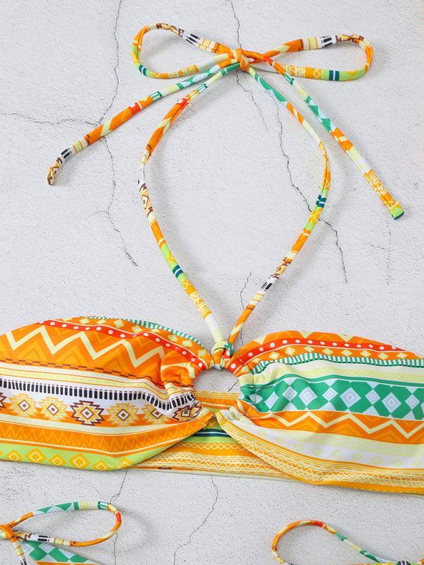 halterneck lace-up adjustable briefs printed multi-color split bikini - 808Lush