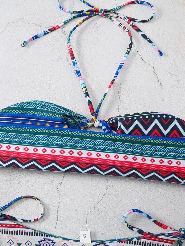 halterneck lace-up adjustable briefs printed multi-color split bikini - 808Lush