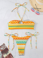 halterneck lace-up adjustable briefs printed multi-color split bikini - 808Lush