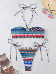 halterneck lace-up adjustable briefs printed multi-color split bikini - 808Lush