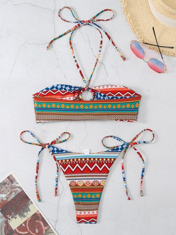 halterneck lace-up adjustable briefs printed multi-color split bikini - 808Lush