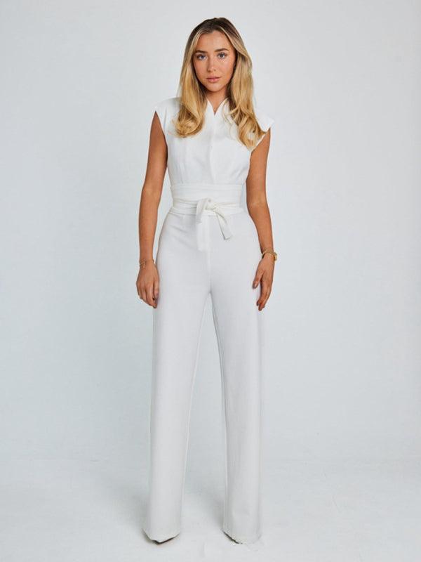 strapped waist V-neck sleeveless wide-leg jumpsuit - 808Lush