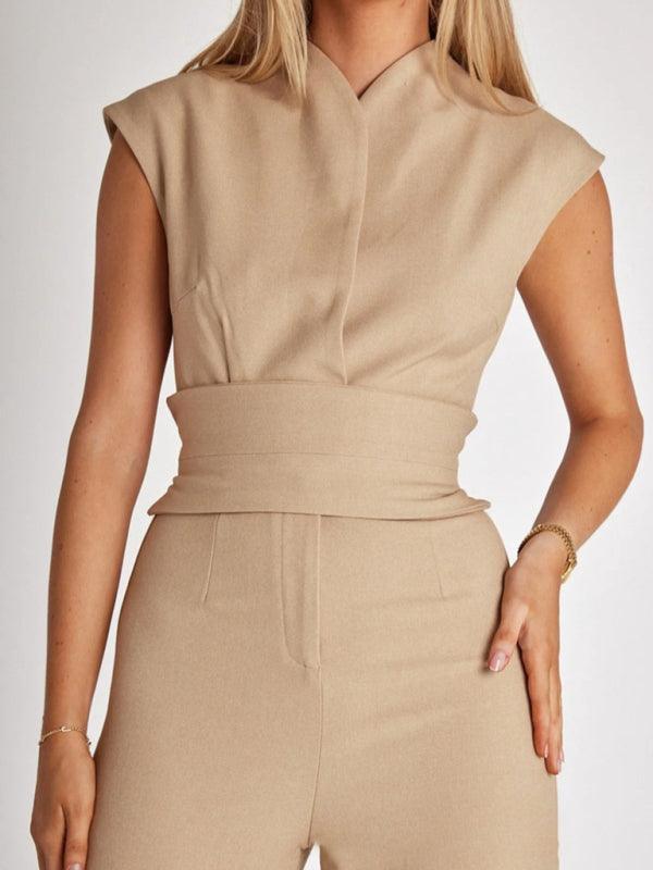 strapped waist V-neck sleeveless wide-leg jumpsuit - 808Lush
