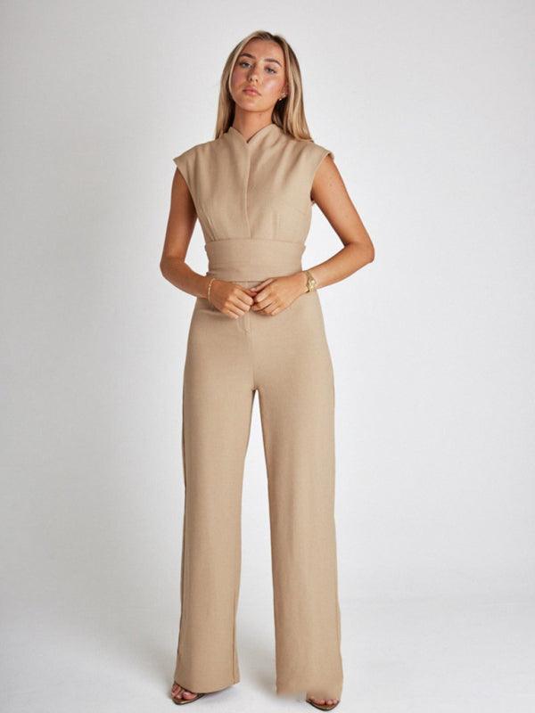 strapped waist V-neck sleeveless wide-leg jumpsuit - 808Lush