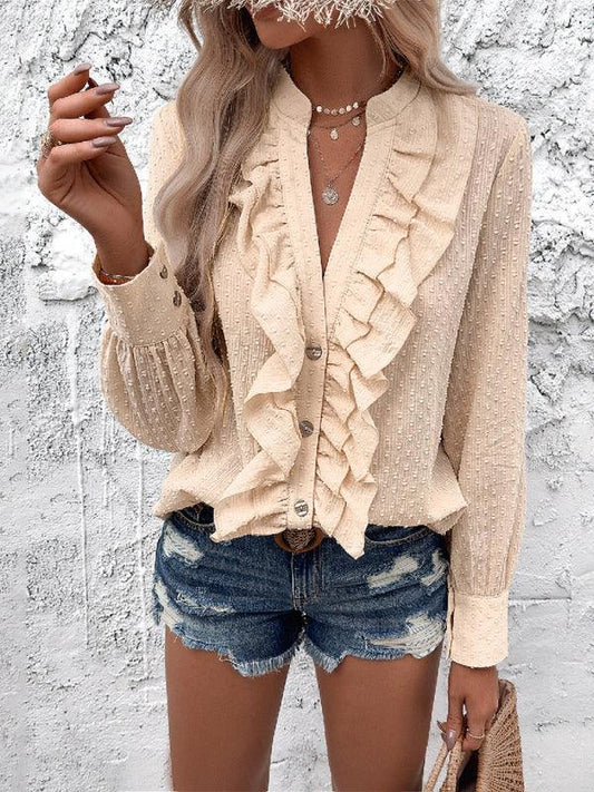 women's casual ruffled jacquard long-sleeved shirt - 808Lush