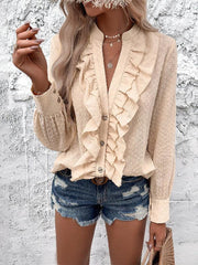 women's casual ruffled jacquard long-sleeved shirt - 808Lush