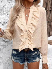 women's casual ruffled jacquard long-sleeved shirt - 808Lush