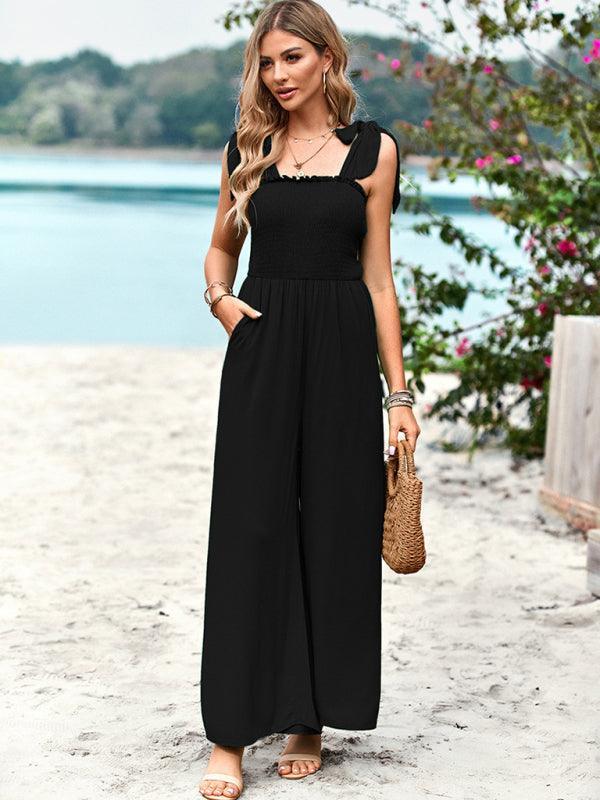 casual high waist wrap chest suspender jumpsuit wide leg pants - 808Lush