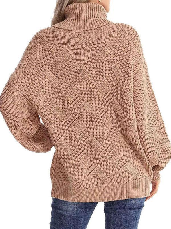 thick line long sleeve solid color pullover turtleneck sweater - 808Lush