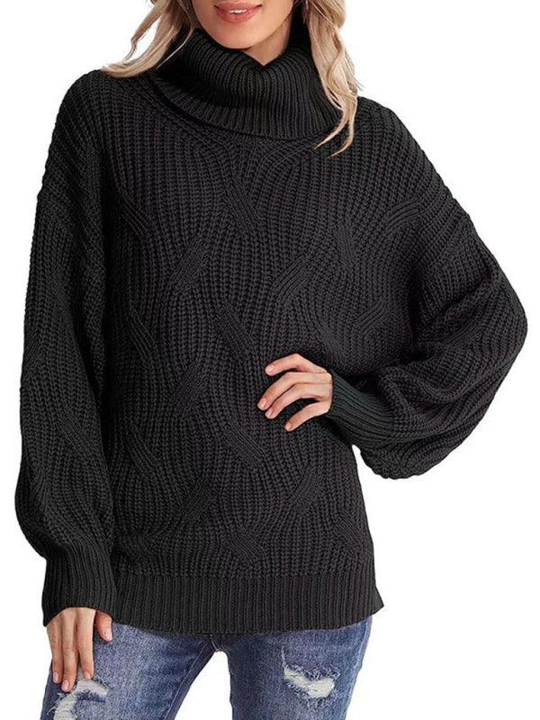 thick line long sleeve solid color pullover turtleneck sweater - 808Lush