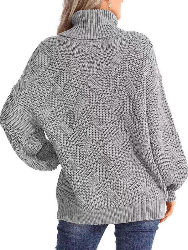 thick line long sleeve solid color pullover turtleneck sweater - 808Lush