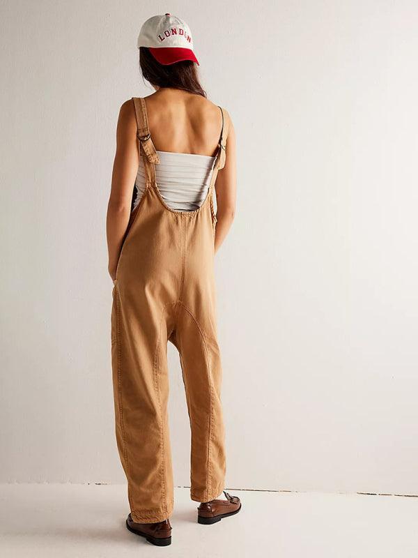 washed denim V-neck jumpsuit adjustable overalls - 808Lush