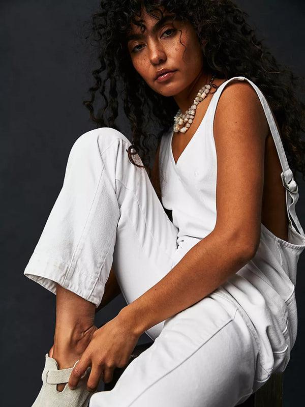 washed denim V-neck jumpsuit adjustable overalls - 808Lush
