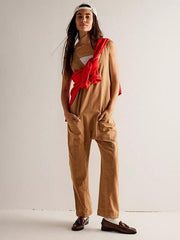 washed denim V-neck jumpsuit adjustable overalls - 808Lush