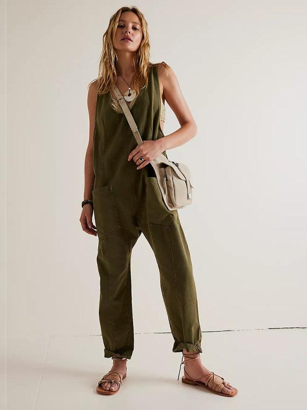 washed denim V-neck jumpsuit adjustable overalls - 808Lush