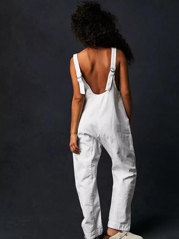 washed denim V-neck jumpsuit adjustable overalls - 808Lush