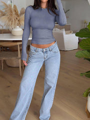 Y2K style casual solid color slim long-sleeved T-shirt top - 808Lush