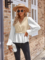 women's casual solid color V-neck stitching long-sleeved top - 808Lush